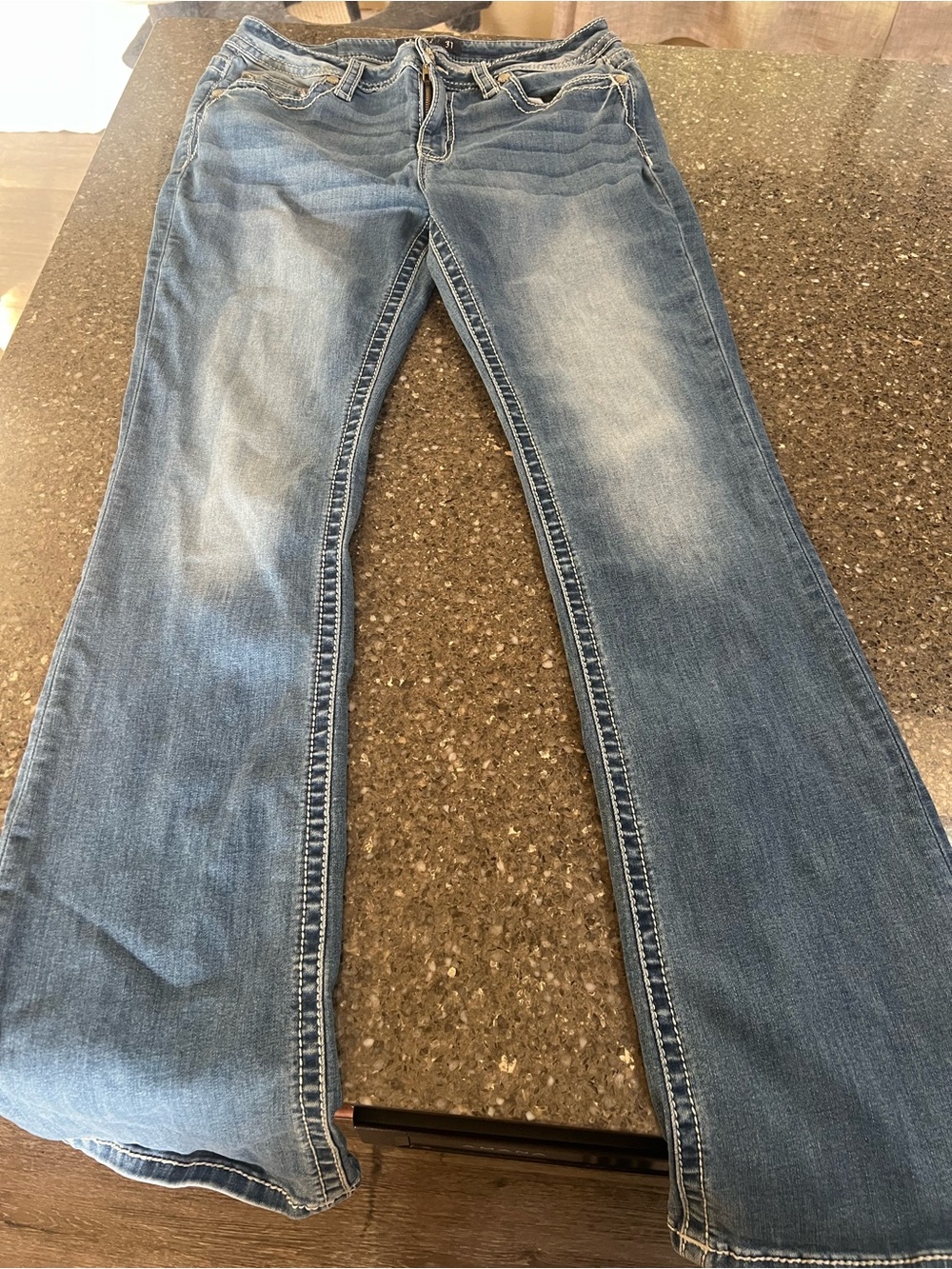 Miss Me Light Blue Mid Rise Bootcut Jeans with Embroidered Feather Back Pockets - Picture 3 of 10